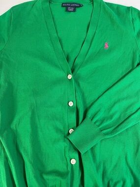 Ralph Lauren Kelly Green V-Neck Button Front Cardigan with Pink Pony XL vintage
